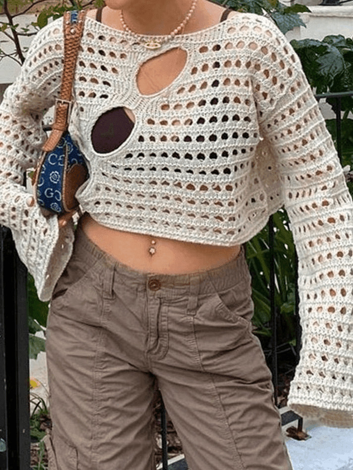 Coquette Aesthetic Hollow Out Knit Crop Top for Y2K Fashion Enthusiasts