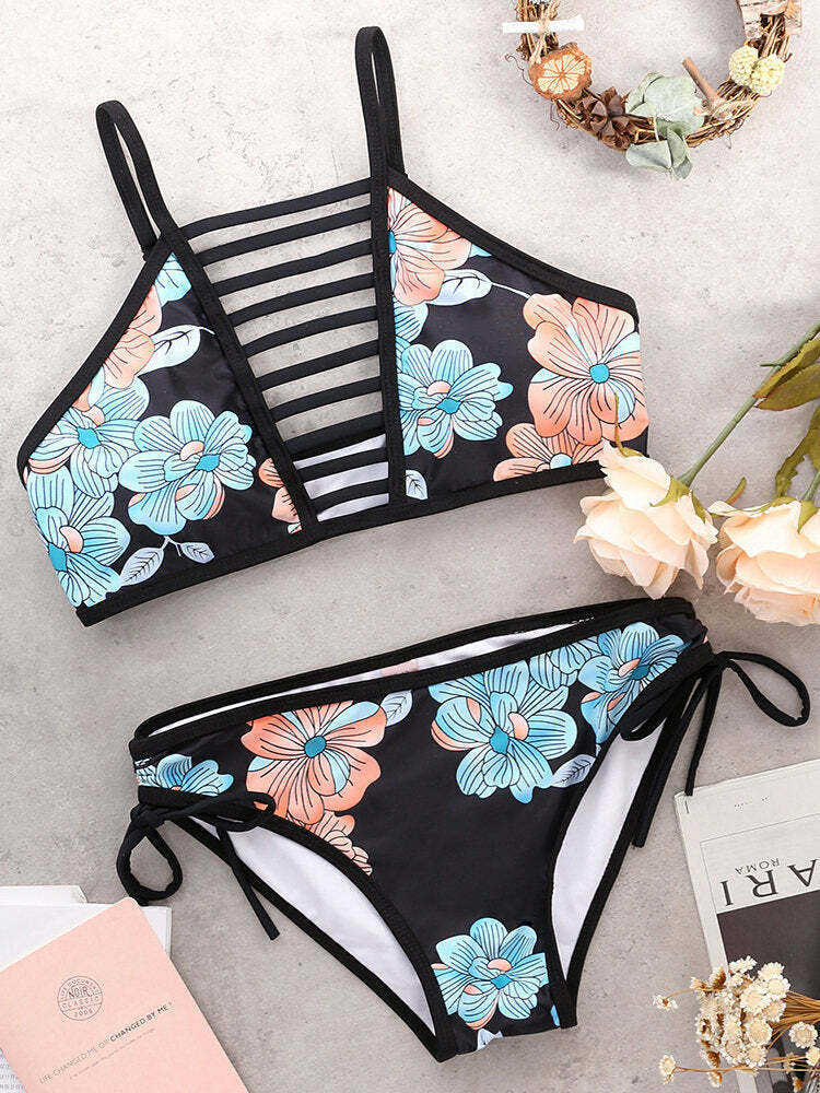 Coquette Aesthetic Hollow String Printed High Neck Bikini Set - Y2K Fashion Swimwear