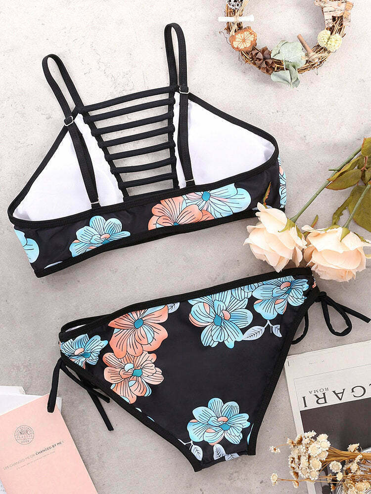 Coquette Aesthetic Hollow String Printed High Neck Bikini Set - Y2K Fashion Swimwear