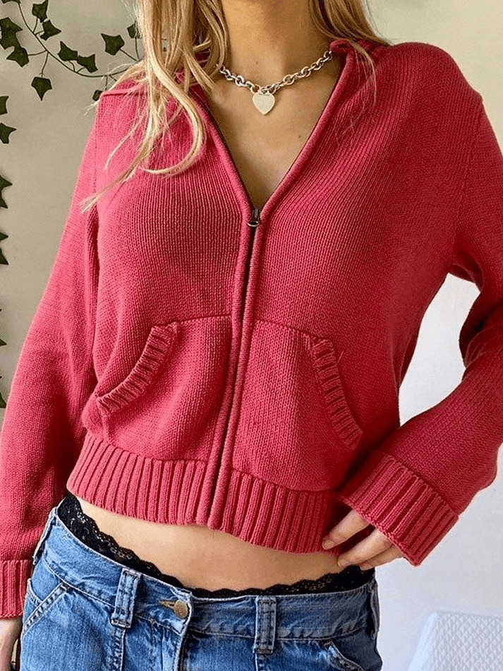 Coquette Aesthetic Hooded Crop Knit Cardigan - Y2K Fashion Women's Clothing