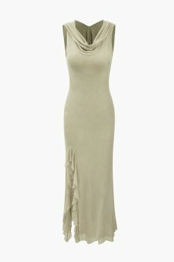 Coquette Aesthetic Hooded Ruffle Hem Slit Maxi Dress