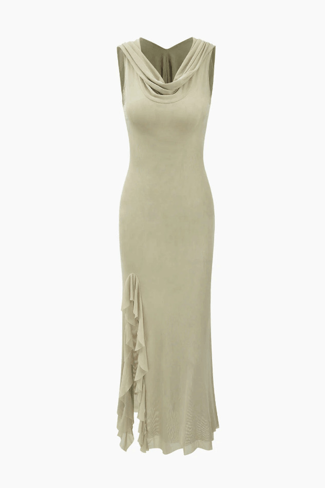 Coquette Aesthetic Hooded Ruffle Hem Slit Maxi Dress Coquette Aesthetic Hooded Ruffle Hem Slit Maxi Dress