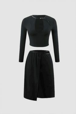 Coquette Aesthetic Keyhole Buckle Top & Wrap Skirt Set