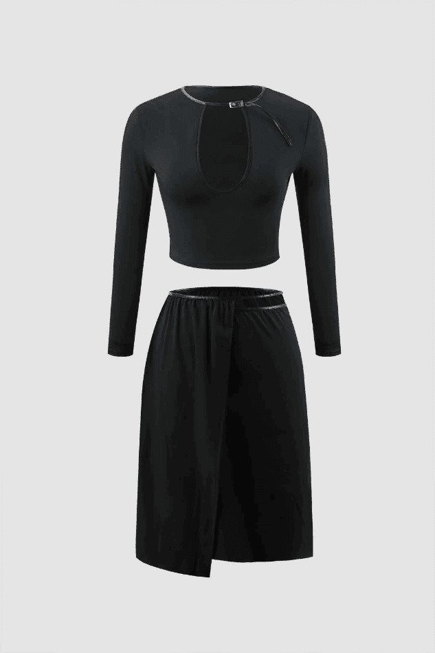 Coquette Aesthetic Keyhole Buckle Top & Wrap Skirt Set Coquette Aesthetic Keyhole Buckle Top & Wrap Skirt Set