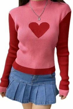 Coquette Aesthetic Knit Heart Print Slim Sweater