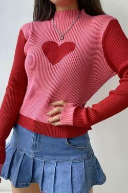 Coquette Aesthetic Knit Heart Print Slim Sweater