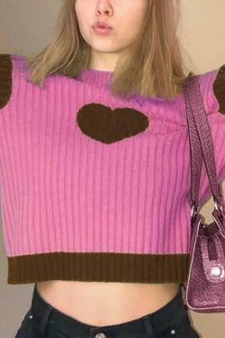 Coquette Aesthetic Knit Heart Print Slim Sweater
