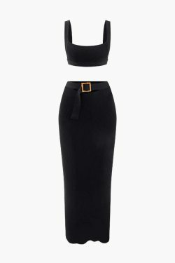 Coquette Aesthetic Knit Square Neck Crop Tank Top & Buckle Midi Skirt Set