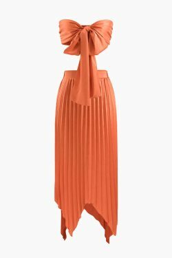 Coquette Aesthetic Knot Front Tube Top & Asymmetric Pleated Skirt Set