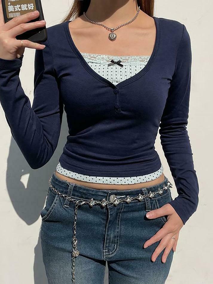 Coquette Aesthetic Lace-Trim Crop Top: Y2K Fashion Women's Grunge Style Shirt Coquette Aesthetic Lace-Trim Crop Top: Y2K Fashion Women's Grunge Style Shirt
