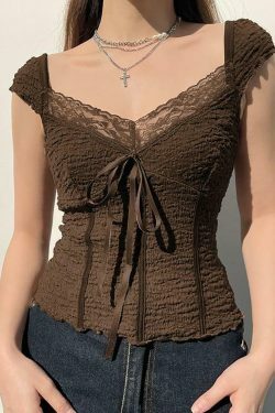 Coquette Aesthetic Lace-Trim V-Neck Crop Top with Bow Detail