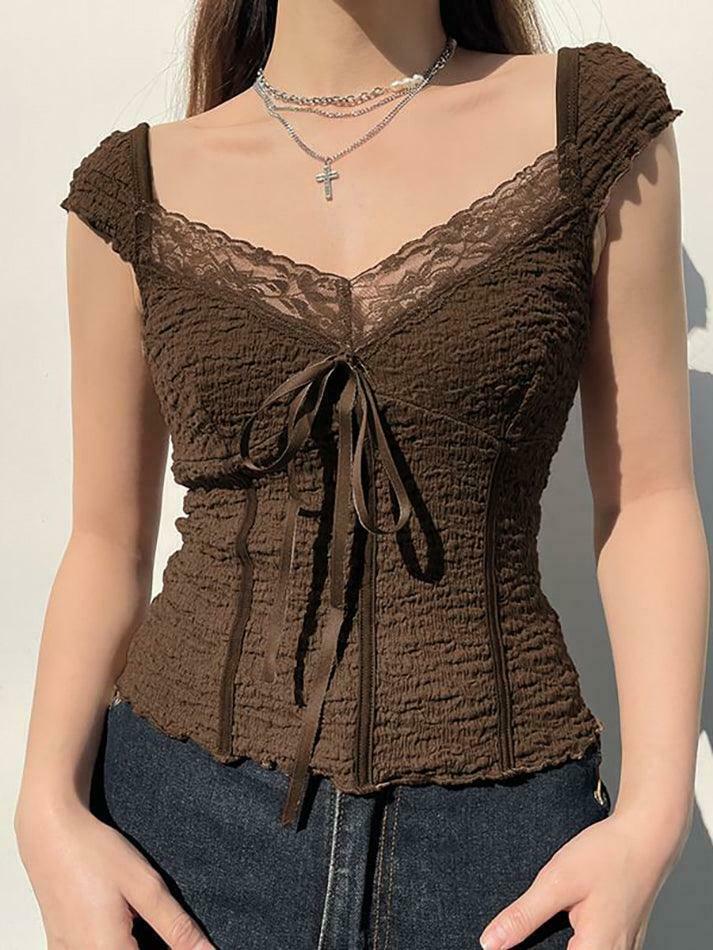Coquette Aesthetic Lace-Trim V-Neck Crop Top with Bow Detail Coquette Aesthetic Lace-Trim V-Neck Crop Top with Bow Detail