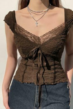 Coquette Aesthetic Lace-Trim V-Neck Crop Top with Bow Detail