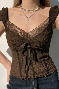 Coquette Aesthetic Lace-Trim V-Neck Crop Top with Bow Detail