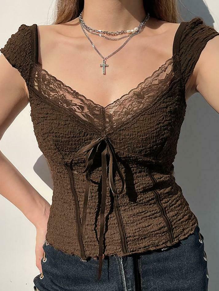 Coquette Aesthetic Lace-Trim V-Neck Crop Top with Bow Detail Coquette Aesthetic Lace-Trim V-Neck Crop Top with Bow Detail