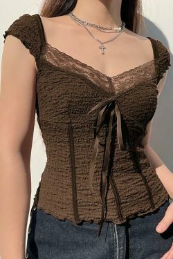 Coquette Aesthetic Lace-Trim V-Neck Crop Top with Bow Detail