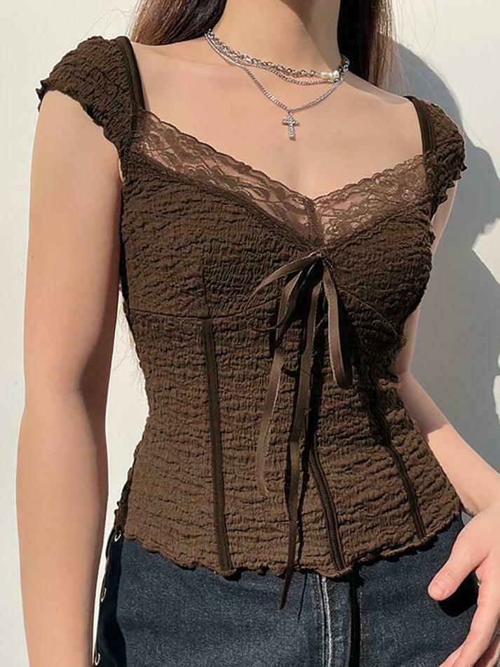 Coquette Aesthetic Lace-Trim V-Neck Crop Top with Bow Detail Coquette Aesthetic Lace-Trim V-Neck Crop Top with Bow Detail