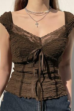 Coquette Aesthetic Lace-Trim V-Neck Crop Top with Bow Detail