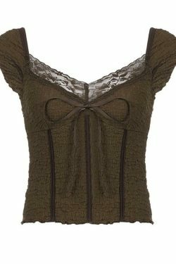 Coquette Aesthetic Lace-Trim V-Neck Crop Top with Bow Detail