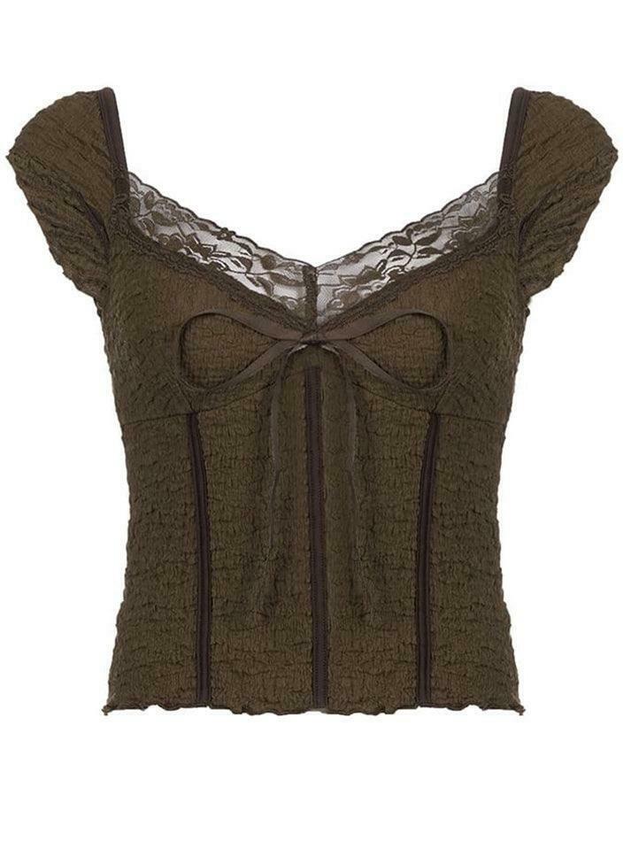 Coquette Aesthetic Lace-Trim V-Neck Crop Top with Bow Detail Coquette Aesthetic Lace-Trim V-Neck Crop Top with Bow Detail