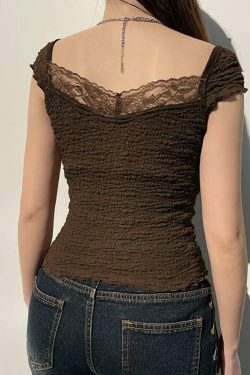 Coquette Aesthetic Lace-Trim V-Neck Crop Top with Bow Detail