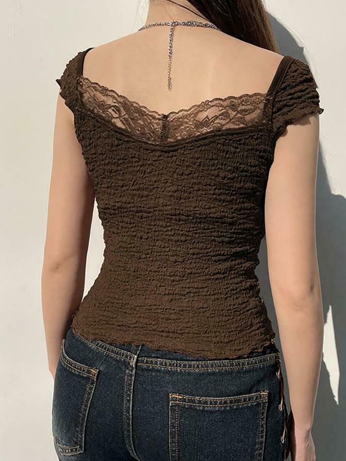 Coquette Aesthetic Lace-Trim V-Neck Crop Top with Bow Detail Coquette Aesthetic Lace-Trim V-Neck Crop Top with Bow Detail