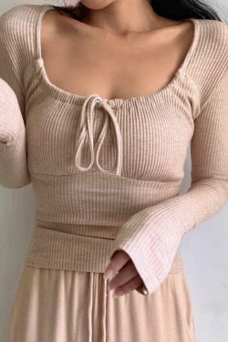 Coquette Aesthetic Lace-Up Knit Top - Y2K Grunge Style - Pastel Goth Cargo Skirt - Cute Hoodie