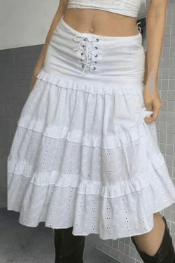 Coquette Aesthetic Lace-Up Midi Skirt with Cutout Detail