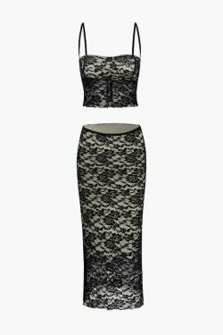 Coquette Aesthetic Lace Cami Top & Bodycon Midi Skirt Set