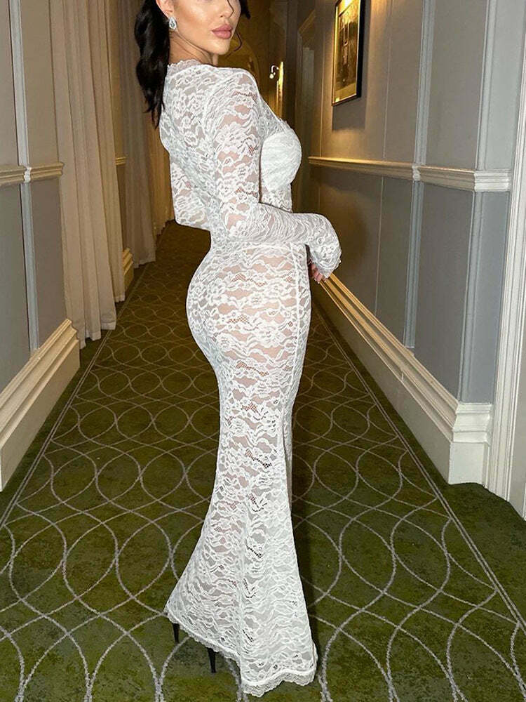 Coquette Aesthetic Lace Dress with Square Neck and Long Sleeves Coquette Aesthetic Lace Dress with Square Neck and Long Sleeves