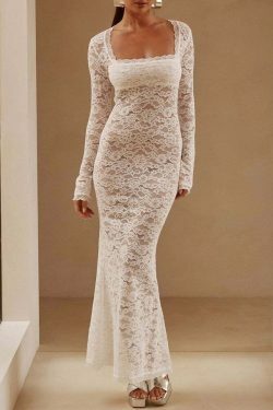 Coquette Aesthetic Lace Dress with Square Neck and Long Sleeves