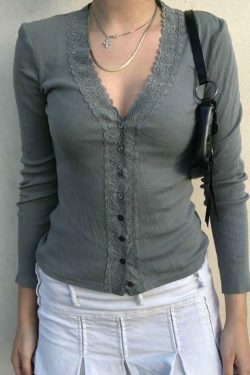 Coquette Aesthetic Lace Edge V Neck Cardigan: Y2K Fashion, Grunge Style, Cute Tops, Pastel Goth
