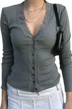 Coquette Aesthetic Lace Edge V Neck Cardigan: Y2K Fashion, Grunge Style, Cute Tops, Pastel Goth