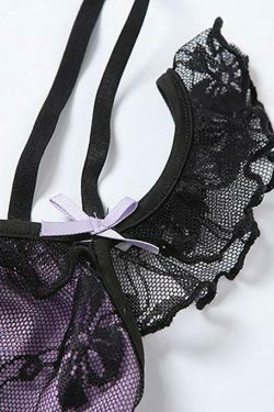 Coquette Aesthetic Lace Mini Dress with Strappy V-Neck Ruffles