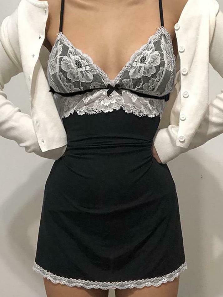 Coquette Aesthetic Lace Panel Mini Bodycon Dress - Y2K Fashion Statement Coquette Aesthetic Lace Panel Mini Bodycon Dress - Y2K Fashion Statement