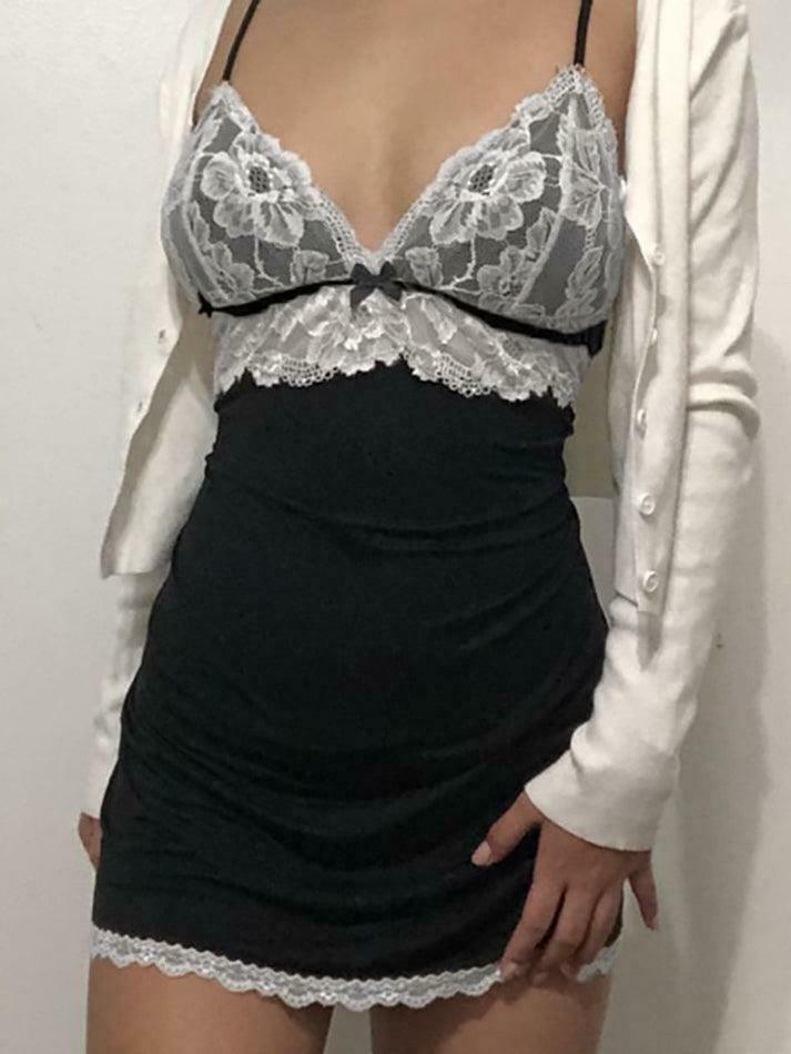 Coquette Aesthetic Lace Panel Mini Bodycon Dress - Y2K Fashion Statement Coquette Aesthetic Lace Panel Mini Bodycon Dress - Y2K Fashion Statement