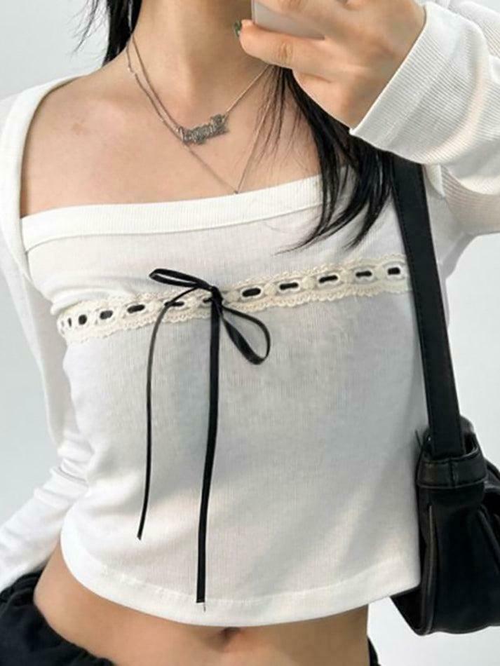 Coquette Aesthetic Lace Panel Square-Neck Crop Top with Bow Accent Coquette Aesthetic Lace Panel Square-Neck Crop Top with Bow Accent