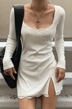 Coquette Aesthetic Lace Paneled Mini Dress with Split Hem