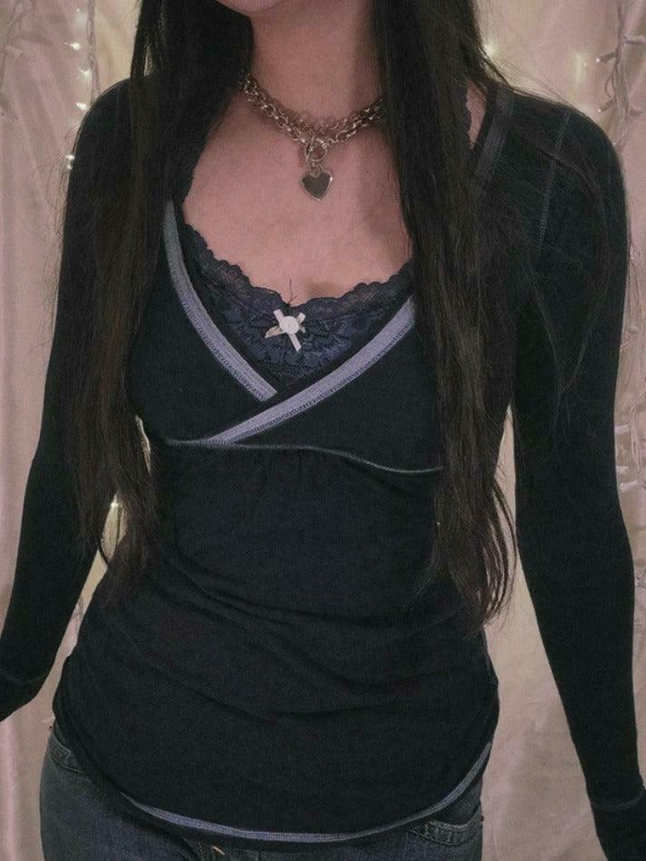 Coquette Aesthetic Lace Patchwork Bow Long Sleeve Tee Coquette Aesthetic Lace Patchwork Bow Long Sleeve Tee