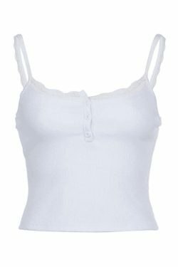 Coquette Aesthetic Lace Trim Button-Up Ribbed Crop Cami Top