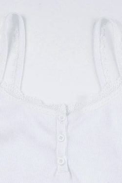 Coquette Aesthetic Lace Trim Button-Up Ribbed Crop Cami Top