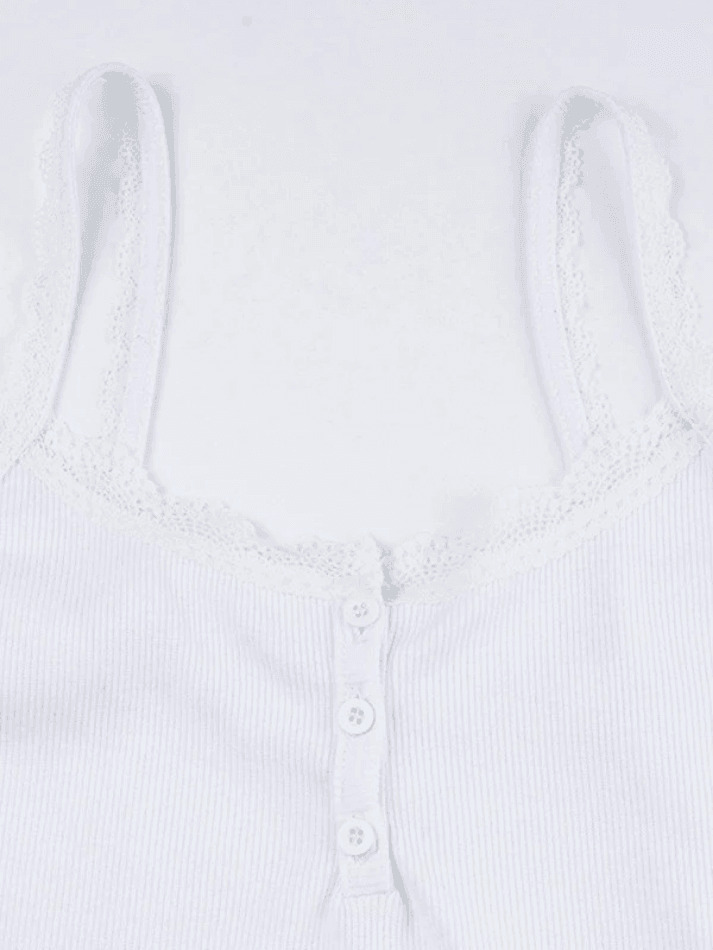 Coquette Aesthetic Lace Trim Button-Up Ribbed Crop Cami Top Coquette Aesthetic Lace Trim Button-Up Ribbed Crop Cami Top