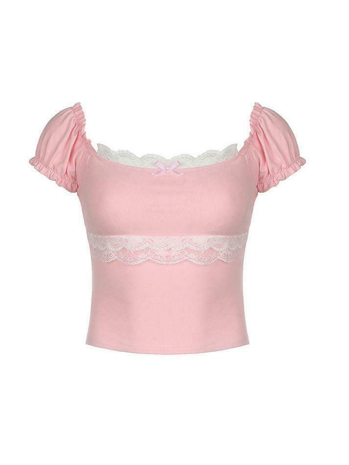 Coquette Aesthetic Lace Trim Crop Top in Y2K Fashion Style Coquette Aesthetic Lace Trim Crop Top in Y2K Fashion Style