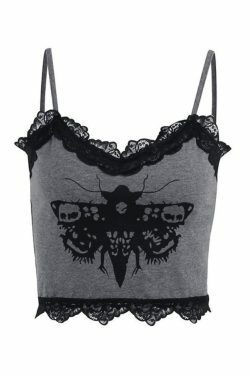 Coquette Aesthetic Lace Trim Moth Print Crop Cami - Y2K Fashion Grunge Style