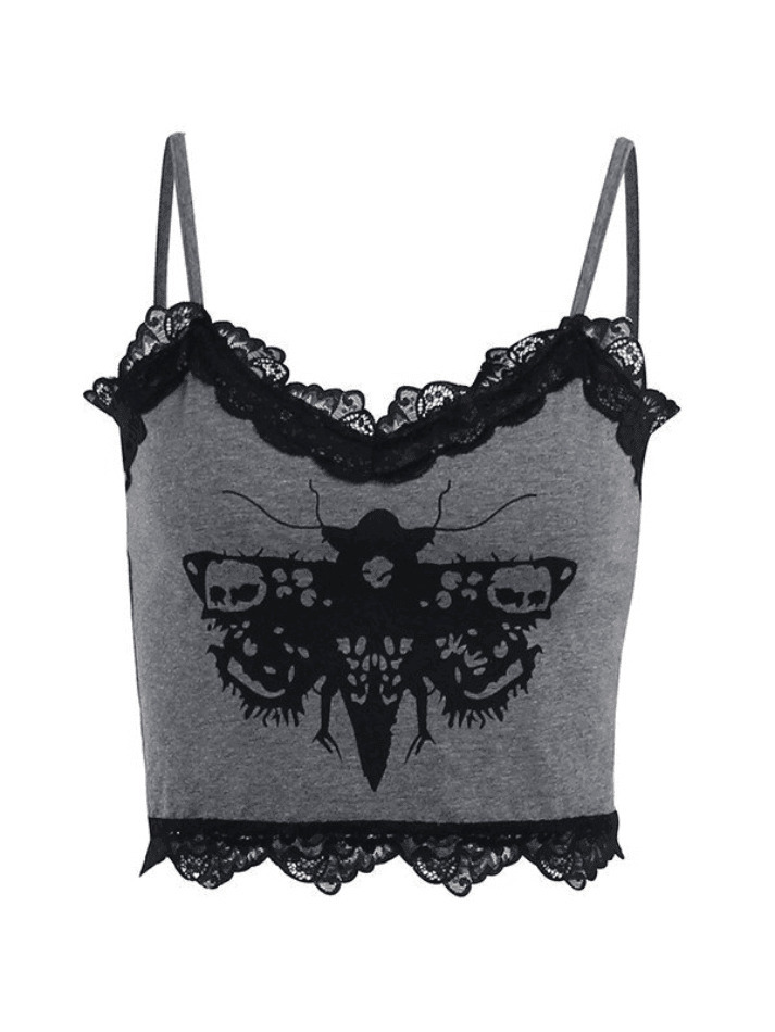 Coquette Aesthetic Lace Trim Moth Print Crop Cami - Y2K Fashion Grunge Style Coquette Aesthetic Lace Trim Moth Print Crop Cami - Y2K Fashion Grunge Style