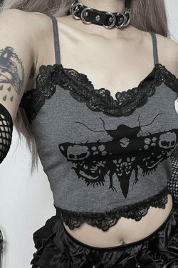 Coquette Aesthetic Lace Trim Moth Print Crop Cami - Y2K Fashion Grunge Style