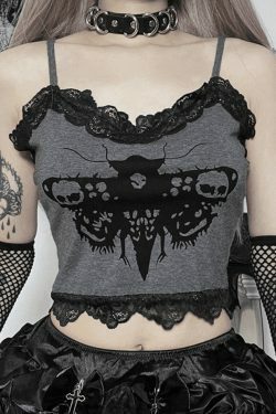 Coquette Aesthetic Lace Trim Moth Print Crop Cami - Y2K Fashion Grunge Style