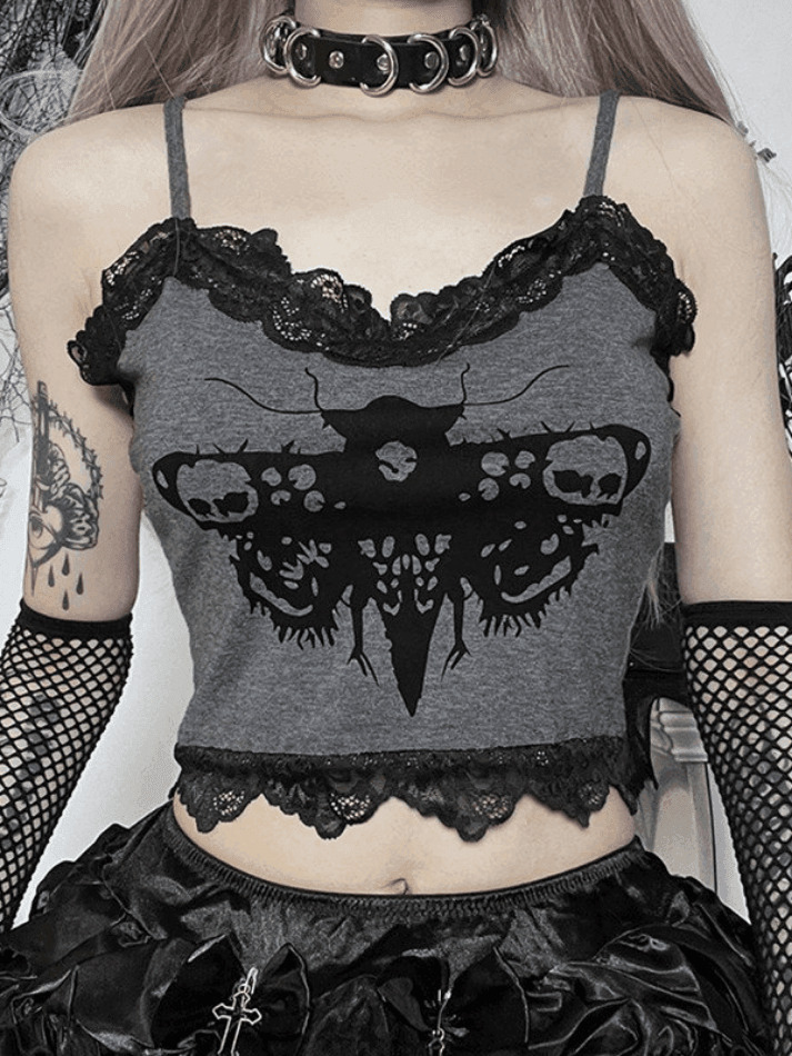 Coquette Aesthetic Lace Trim Moth Print Crop Cami - Y2K Fashion Grunge Style Coquette Aesthetic Lace Trim Moth Print Crop Cami - Y2K Fashion Grunge Style