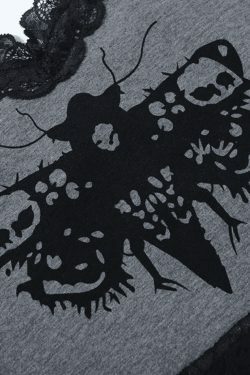 Coquette Aesthetic Lace Trim Moth Print Crop Cami - Y2K Fashion Grunge Style