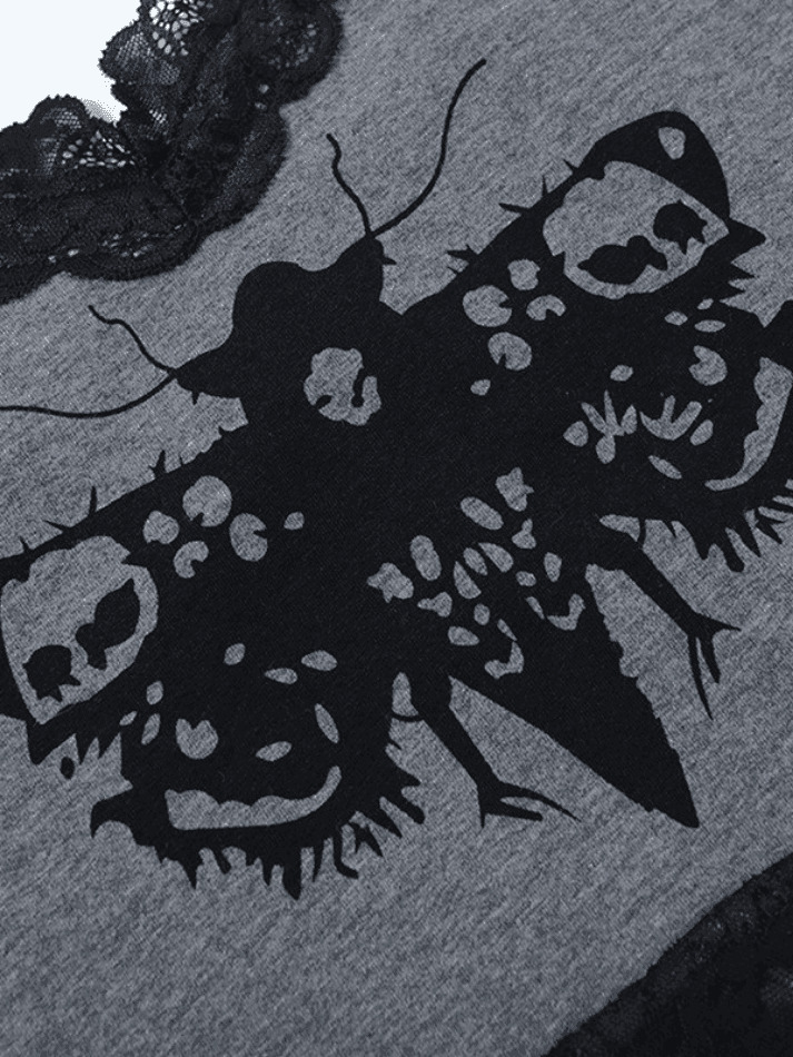 Coquette Aesthetic Lace Trim Moth Print Crop Cami - Y2K Fashion Grunge Style Coquette Aesthetic Lace Trim Moth Print Crop Cami - Y2K Fashion Grunge Style